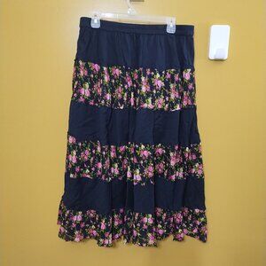 Derek Heart Black Floral Cotton Maxi Skirt XL Boho Cottage Distressed Hem